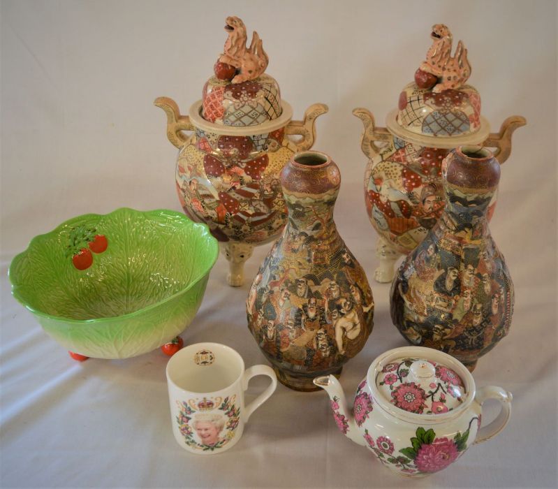 2 pairs of Japanese Satsuma vases (one repaired), Beswick cabbage leaf bowl, teapot & mug