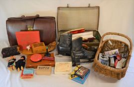 Briefcase & a small suitcase, vintage ice skates, musical gondola cigarette box, costume