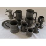 Assorted pewter inc tankards and candlesticks