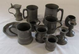 Assorted pewter inc tankards and candlesticks