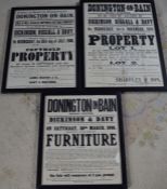 3 framed early 20th century auction posters relating to Donington on Bain. Largest 89cm by 63cm