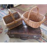 Vintage leather suitcase and 2 wicker baskets