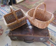 Vintage leather suitcase and 2 wicker baskets