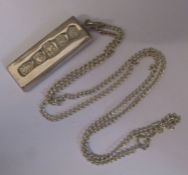 Silver ingot pendant Sheffield 1977 weight 0.94 ozt on white metal chain