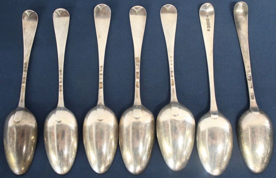 6 + 1 old English pattern silver dessert spoons with later engraved initial, London 1762 & 1824, 8. - Image 2 of 2