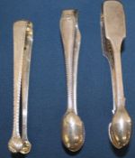 Georgian silver sugar bow / tongs & 2 others:- Newcastle 1792, London 1867, 5.27ozt