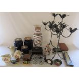 Selection of ceramics, pair of metal candelabras, cribbage board, men's part toiletry set,