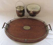 Early 20th century oak and EPNS butlers tray L 63.5 cm (inc handles), fruit / salad bowl inc ceramic