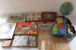 Selection of vintage Victory jigsaw puzzles etc, globe and wooden building bricks