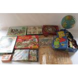 Selection of vintage Victory jigsaw puzzles etc, globe and wooden building bricks