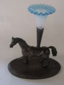 Bronze epergne in the form of a horse with blue glass trumpet on wooden base H 30 cm L 25 cm