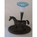 Bronze epergne in the form of a horse with blue glass trumpet on wooden base H 30 cm L 25 cm