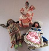 3 vintage tourist dolls - North American native Indian Skookum style doll H 19 cm, Flamenco dancer H