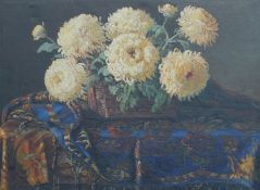 French oil on canvas depicting chrysanthemums 79cm x 62cm