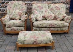 Ercol Renaissance high back two seater sofa (w 127cm), chair (w 74cm) & footstool with scatter