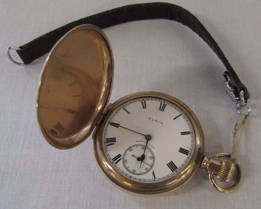 Elgin gold plated full hunter pocket watch, 7 jewels, 24243844, c.1921 D 5 cm (missing glass)