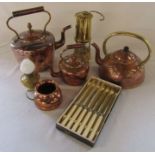 Various brass and copper inc kettles and a miners lamp together with a set of silver plated knives