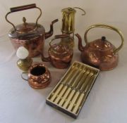 Various brass and copper inc kettles and a miners lamp together with a set of silver plated knives