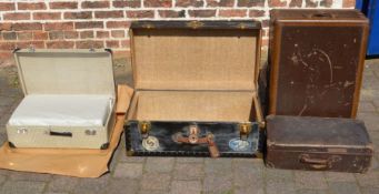 2 vintage travelling trunks, set of 3 1960's graduated suitcases (unused) & one other