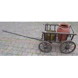 Vintage wooden dog cart, terracotta pot & a brass jam pan