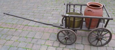 Vintage wooden dog cart, terracotta pot & a brass jam pan