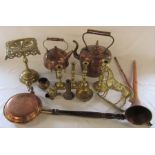 Various brass and copper inc kettles, horn, warming pan and candlesticks