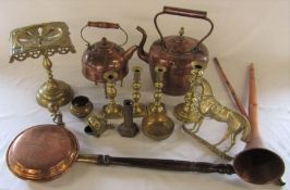 Various brass and copper inc kettles, horn, warming pan and candlesticks