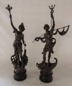 Pair of large spelter figurines (painted) relating to fishing and industry H 70 cm