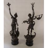 Pair of large spelter figurines (painted) relating to fishing and industry H 70 cm