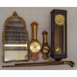 2 wall barometers, modern Vienna style wall clock, mirror & 2 walking sticks