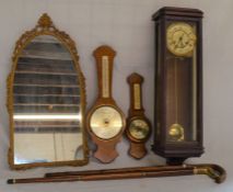 2 wall barometers, modern Vienna style wall clock, mirror & 2 walking sticks