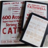 3 framed auction posters relating to Louth Cattle Market and Rookery Farm, Tathwell