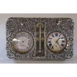 Victorian desk clock, barometer and thermometer in ornate silver case, Birmingham 1899 20 cm x 12