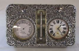 Victorian desk clock, barometer and thermometer in ornate silver case, Birmingham 1899 20 cm x 12