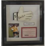 Signed Gordon Banks football goalkeepers glove in a presentation case 56cm by 52cm