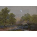 Wendy Reeves signed pastel landscape of a cottage with woman & child in the foreground. Frame size