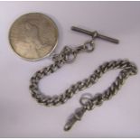 Silver fob chain and 1928 one dollar piece coin (chain 1909, L 24 cm, weight 0.86 ozt)