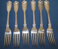 6 fiddle thread & shell pattern silver dessert forks, with engraved crest, London 1834, maker Mary