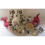 Assorted ceramics inc Spode, Poole vase 112, Delft, cranberry glass, Staffordshire dogs (1 af),