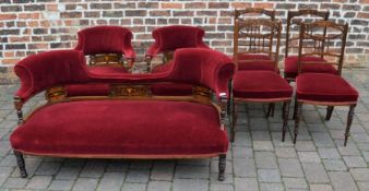 Victorian inlaid rosewood salon suite comprising a double ended sofa, 2 tub chairs & 4 side chairs