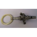 Ornate silver baby rattle with whistle and mother of pearl teething ring, Birmingham anchor