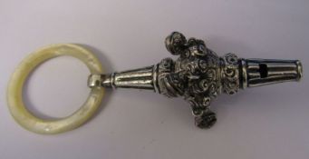 Ornate silver baby rattle with whistle and mother of pearl teething ring, Birmingham anchor