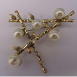 Chinese 14K gold and pearl bamboo pattern brooch, total weight 6.32 g 5.5 cm x 4.5 cm