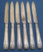 6 silver table knives with silver blades, London 1835, maker SP with Sine Macula crest, 13.05 ozt