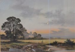 Wendy Reeves signed pastel landscape with mother with child & dog in foreground & a church in the