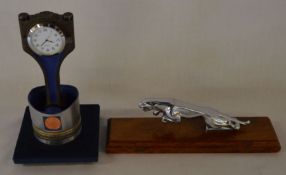 Mounted Jaguar car mascot & a clock made from an engine piston