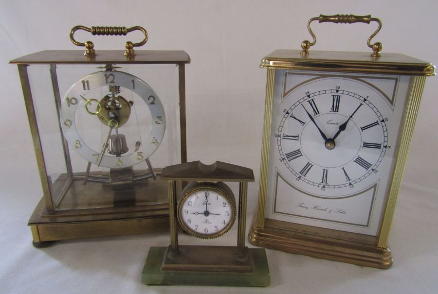 Collection of clocks - Swiza 7 jewel clock with marble base H 12 cm, Kundo electronic H 20 cm and