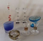 Pair of Nachtmann crystal candlesticks, Galileo thermometer, La Rochere dish, art glass bowl,