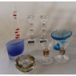 Pair of Nachtmann crystal candlesticks, Galileo thermometer, La Rochere dish, art glass bowl,