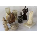 Spanish alabaster horse head, fossilised rock lidded pot, decorative stone candlesticks, resin